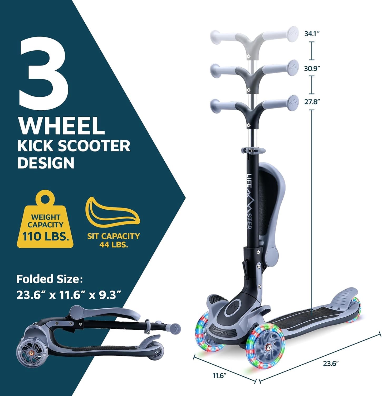Lifemaster 3 Wheel Kids Scooter with Foldable Seat, Adjustable Handlebar, Lean-to-Steer LED Light-Up Wheels, Wide Anti-Slip Deck for Ages 2+