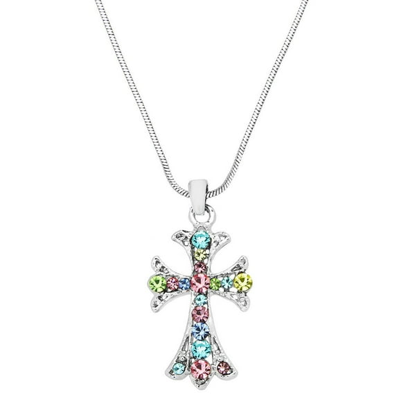 Cross Pendant Necklace or Earring Clear Rhinestone Crystal Rhodium Plated 17 Inch Snake Chain J0213-MT