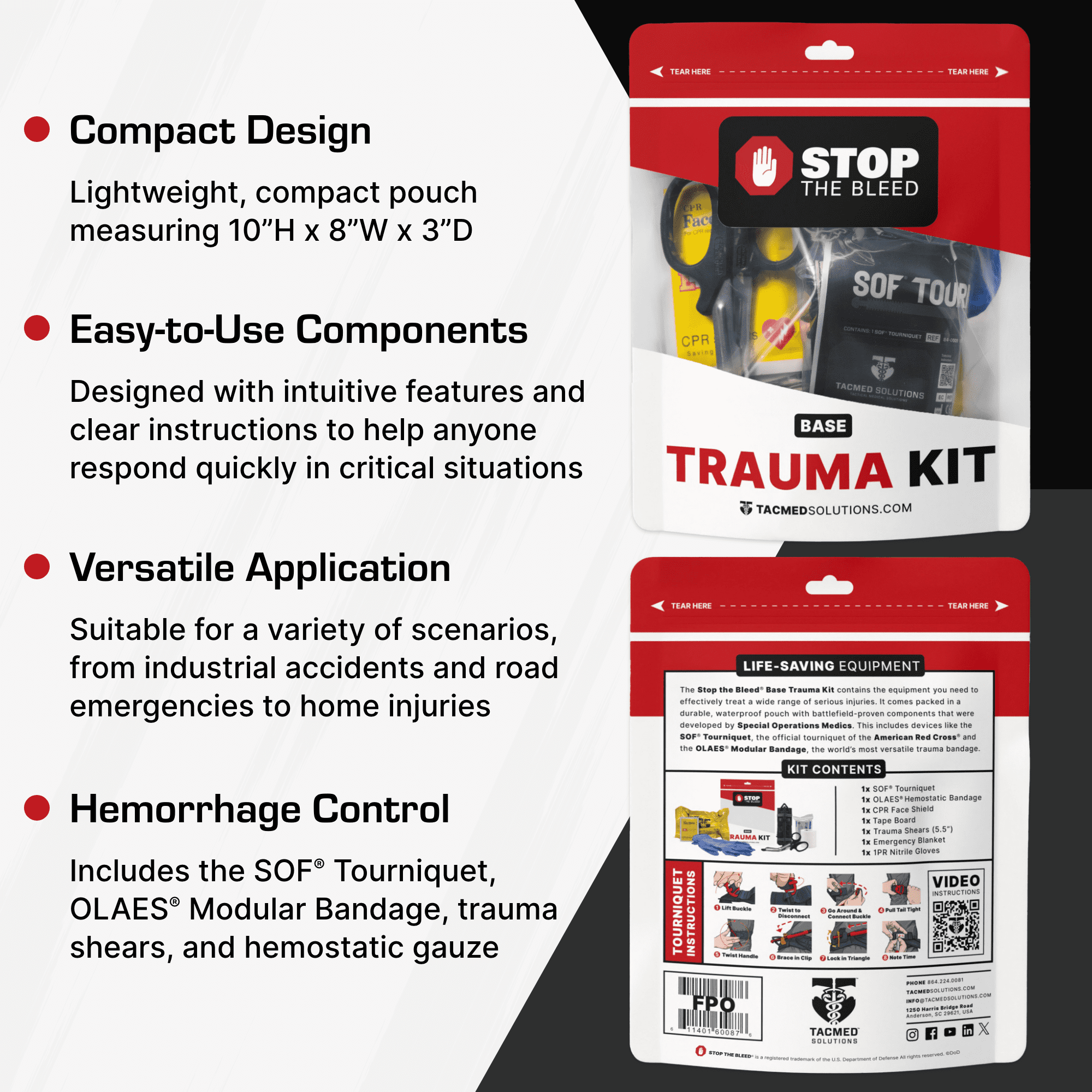 Stop The Bleed Basic Bleeding Control, Easy-to-Use Hemorrhage Control First Aid Kit with SOF Tourniquet & OLAES Modular Bandage, 7 Piece, TacMed Solutions