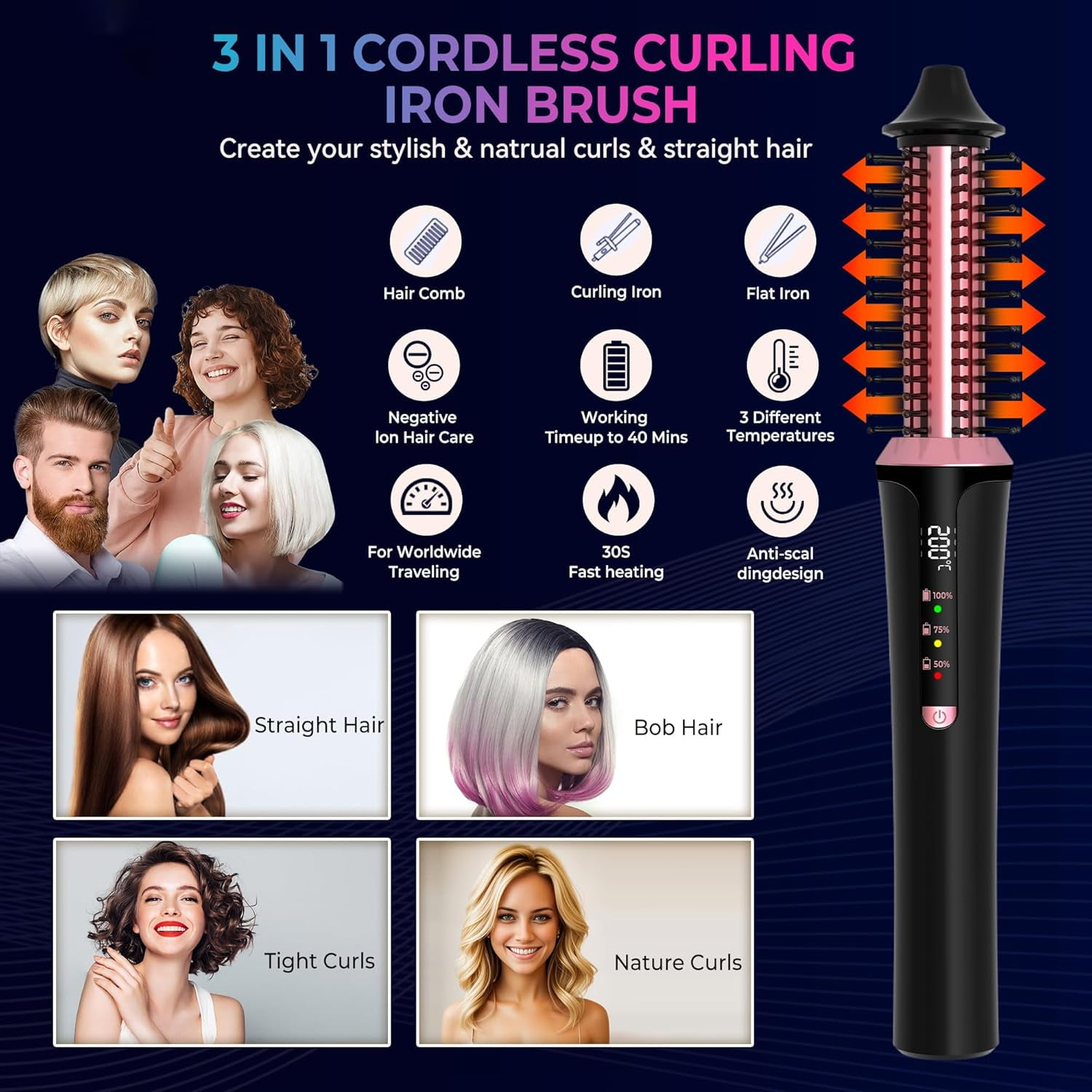 2025 Cordless Curling Iron Rechargeable, 4000 mAh USB Thermal Brush with 3 Temp Setting Mini Travel Curling Iron, Ceramic Cordless Hair Curler, Battery Powered Curling Iron