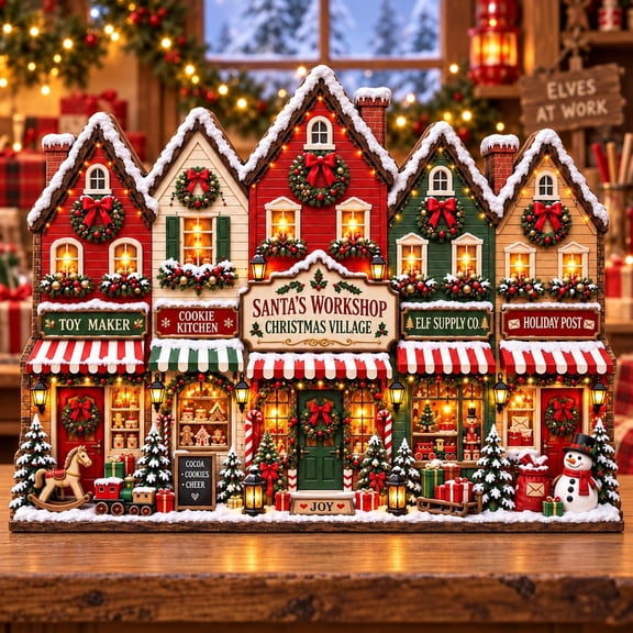 Christmas Village Wooden Block 3 Layer Santa's Workshop Tabletop Display Holiday Gift