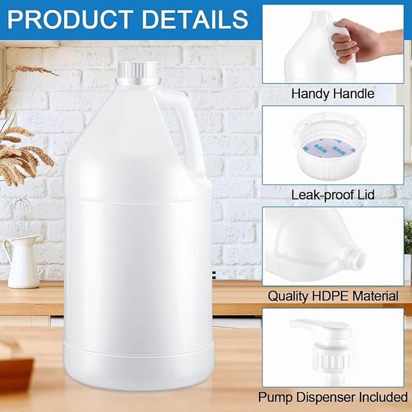 (8 Packs) 1 Gallon Plastic Jug with Lids BPA Free Reusable Round Clear Plastic Jug with White Cap Heavy Duty HDPE Containers with Pump Dispenser for Sauces Soaps Detergents Liquids Storage