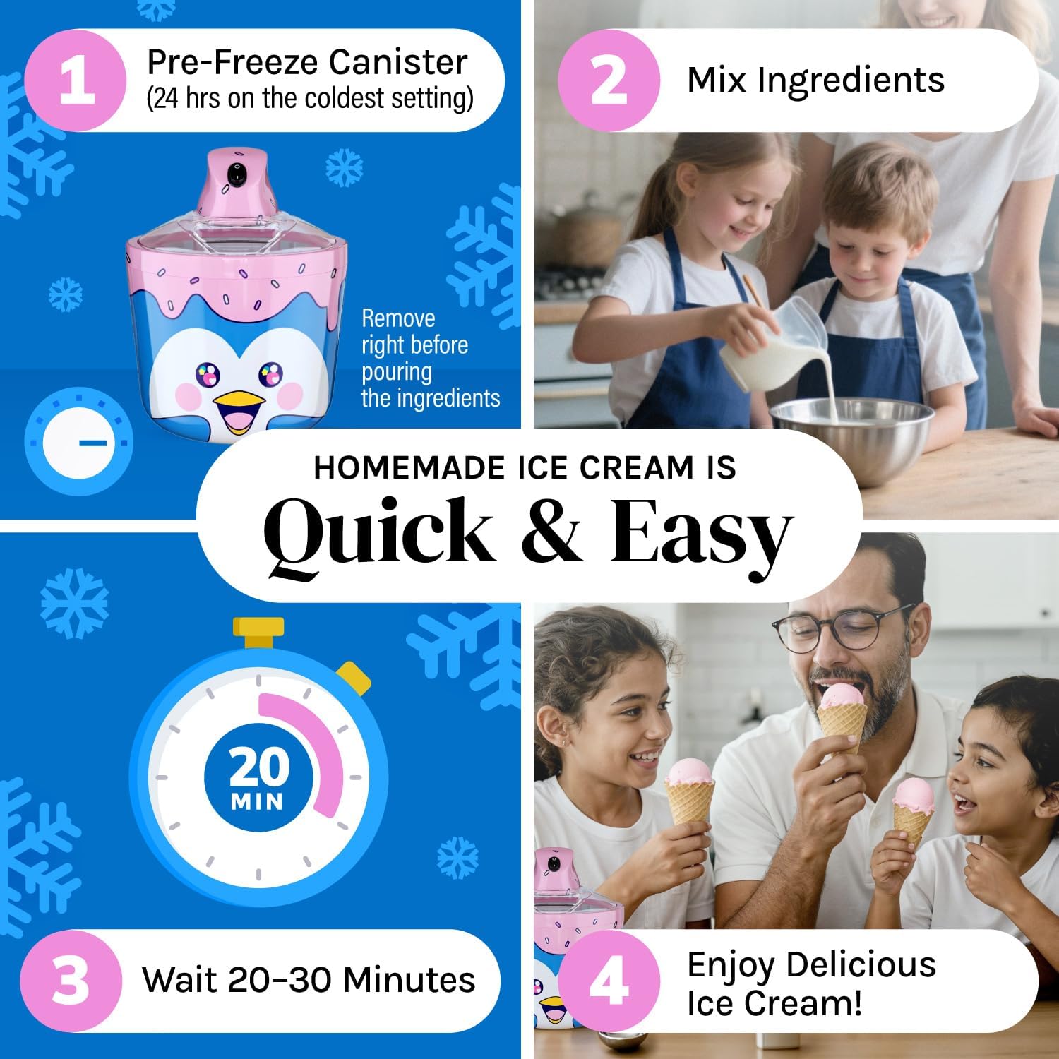 1.2 Quart Penguin Electric Ice Cream Maker Machine for Kids – Best Countertop Ice Cream Machine for Homemade Soft Serve, Sorbet, Gelato, Frozen Yogurt