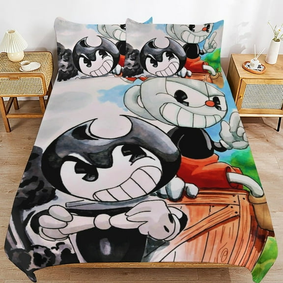 Thickened Bed Three Piece Set, Bendy And The Ink MachinePrinted Soft Bedding Set With Pillow Shams 102"x90"