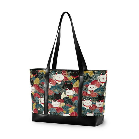 FORMRS Laptop Tote Bag for Women with 15.6" Computer Compartments Handbag, Black Lucky Cat