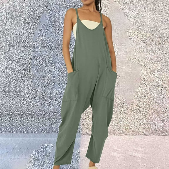 Green Wide Leg Pants Womens Casual Summer Jumpsuit Sleeveless Loose Solid Color Comfortable Strap Loose Jumpsuit Pocket Jumpsuit For Women
