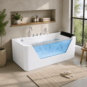 67 Luxury Whirlpool Bathtub with Panoramic Glass Window | 7 Hydro-Massage Jets, Waterfall Faucet & LED Chromatherapy | 1HP 750W Motor, Acrylic Spa Jetted Tub (110V) –Middle Drain