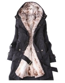 Hajotrawa Mens Trench Coat Faux Fur Hooded Fleece Mid Length Warm Autumn Winter Parka Coat