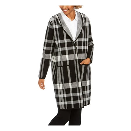 CHARTER CLUB Womens Black Tartan Plaid Overcoat Winter Jacket Coat Petites PL