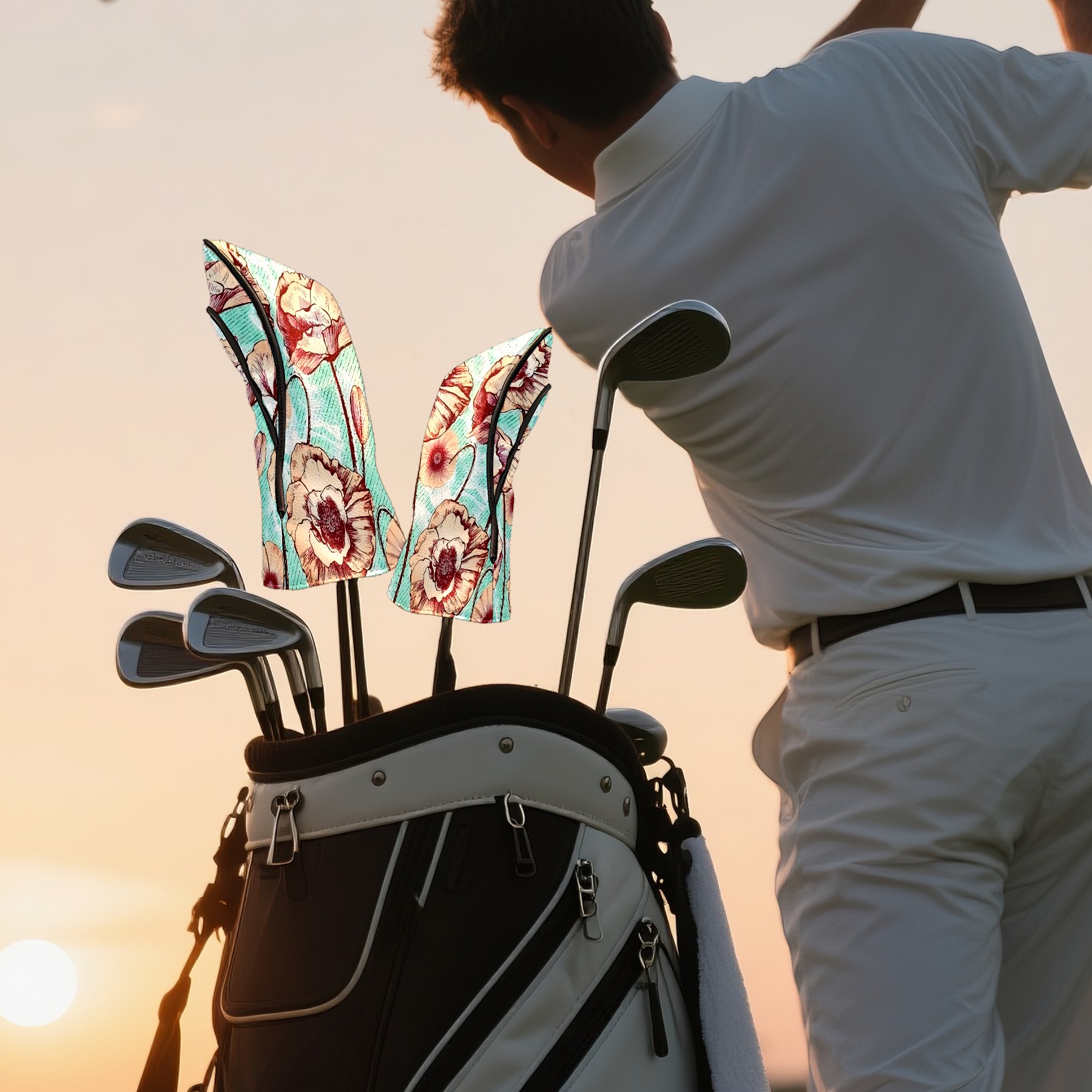 Golf Club Covers, Flower1 Premium PU Leather Driver Hybrid Putter Head Covers with Velvet Lining, Waterproof Golf Gifts for Men Women
