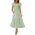thumbnail image 2 of Women Summer Casual Square Neck Flutter Sleeve Boho Smocked A-Line Flowy Tiered Modest Midi Sun Dress with Pockets Light Green XL, 2 of 7