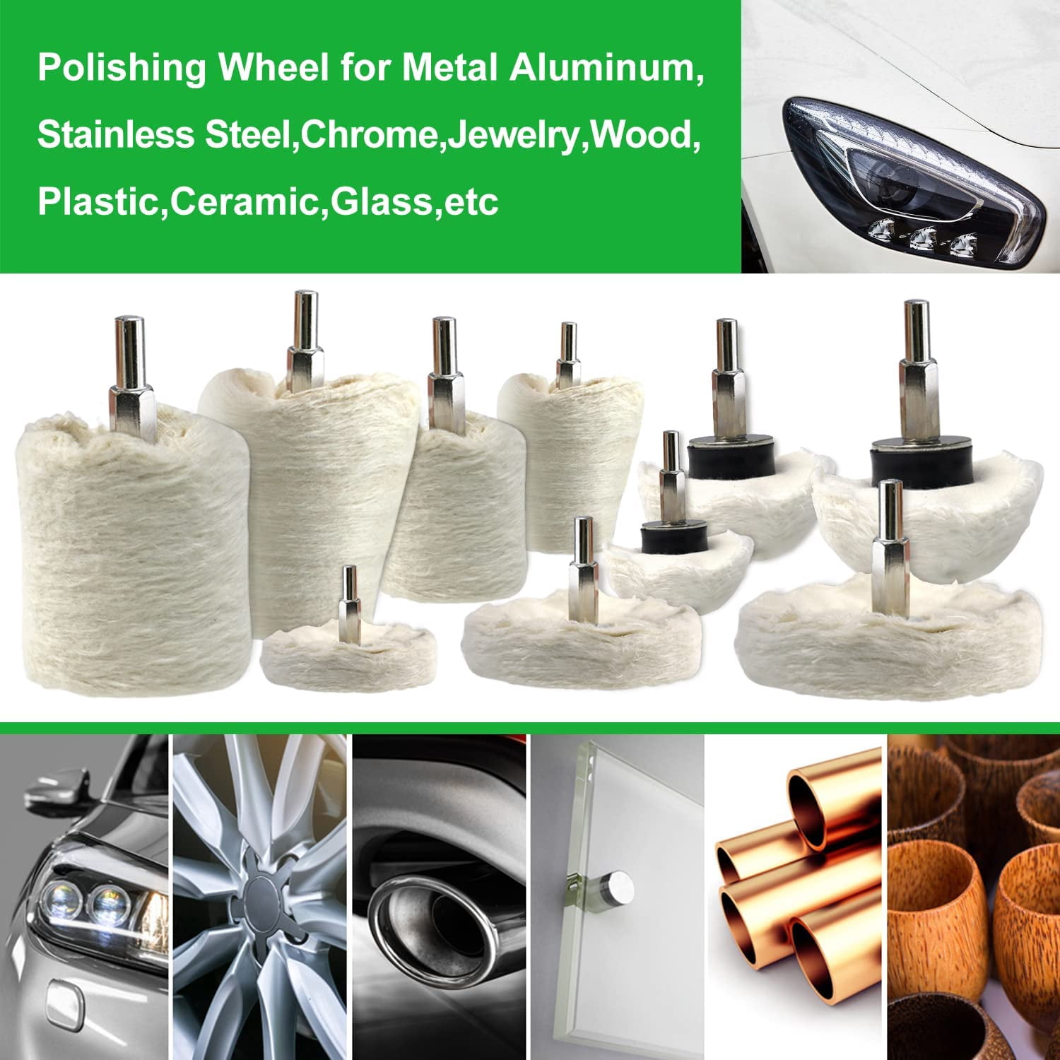 chasenew 10PCS Buffing Wheel for Drill, Flannelette Polishing Wheels Mixed Polish Head Kit with 1/4'' Shaft for Car Wheel Aluminum Stainless Steel Chrome Manifold Washing & Polishing
