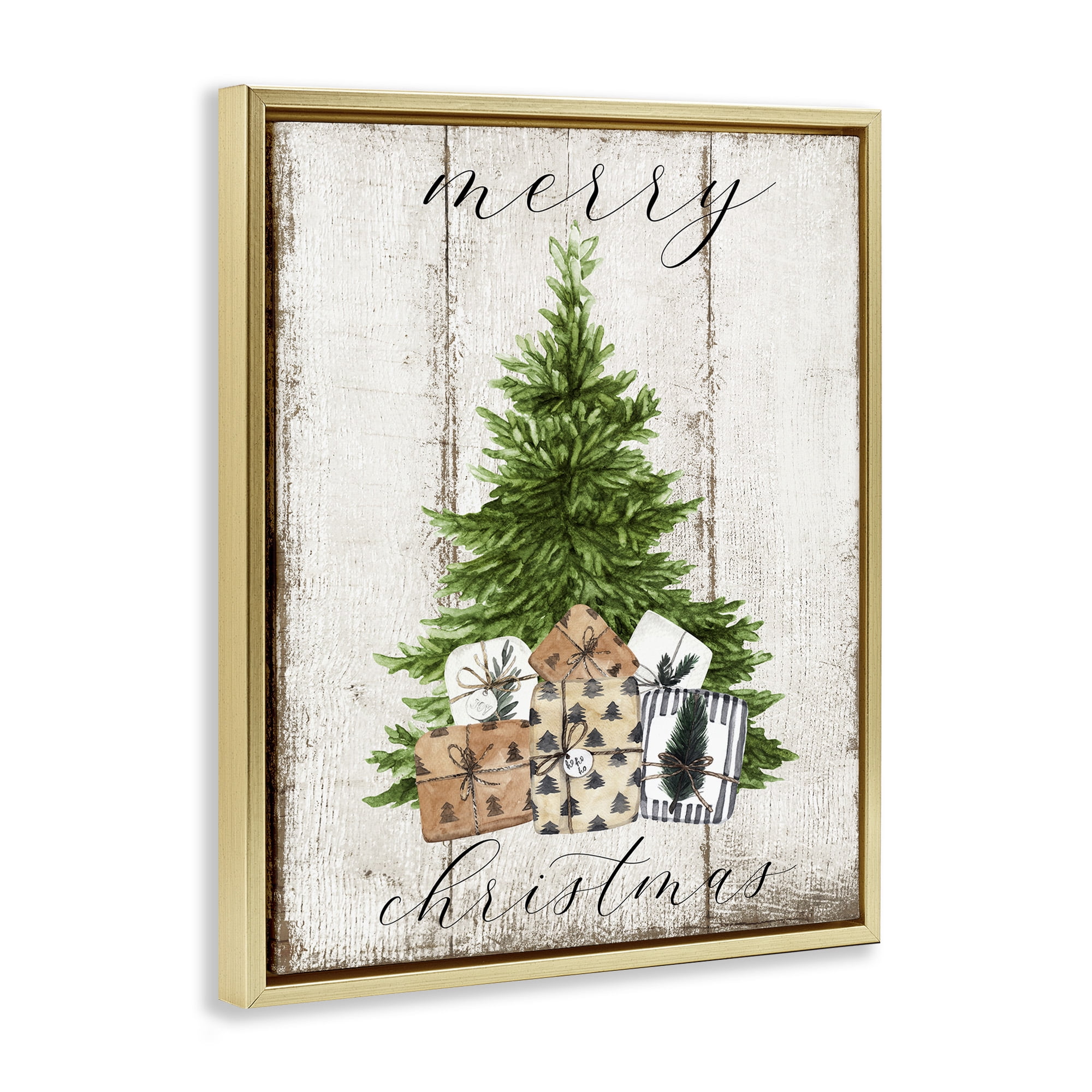 Stupell Industries Rustic Distressed Christmas Tree Holiday Painting Gold Floater Framed Canvas Art Print Wall Art, 17 x 21