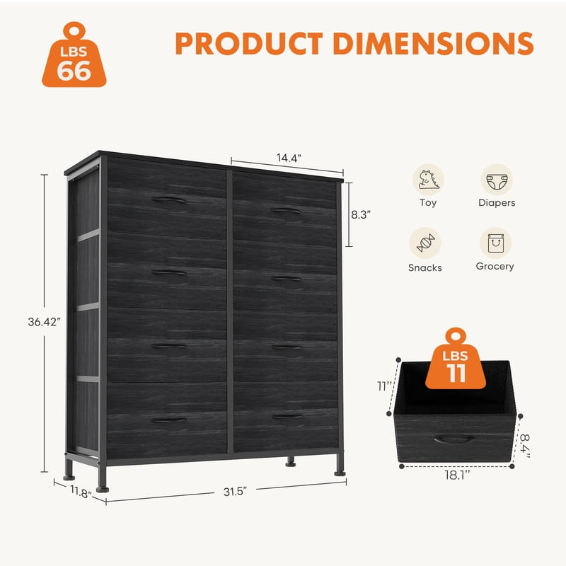 Gianna Chest of Drawers with 8 Fabric Drawers, Drawer Cabinet, Organization Furniture for Kitchen, Office, Hallway, Black Wood