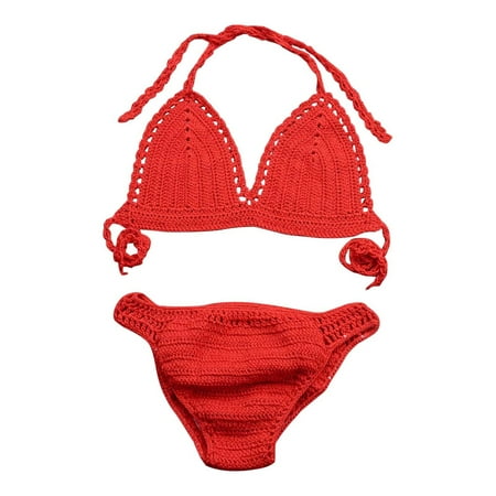 YOTMKGDO Womens Swimsuits  Women 2 Piece Swimsuits Knitted Contrasting Color Strap Hollow Bikini High Waisted Bottom Bathing Suits Vintage Swimwear  Red+XL