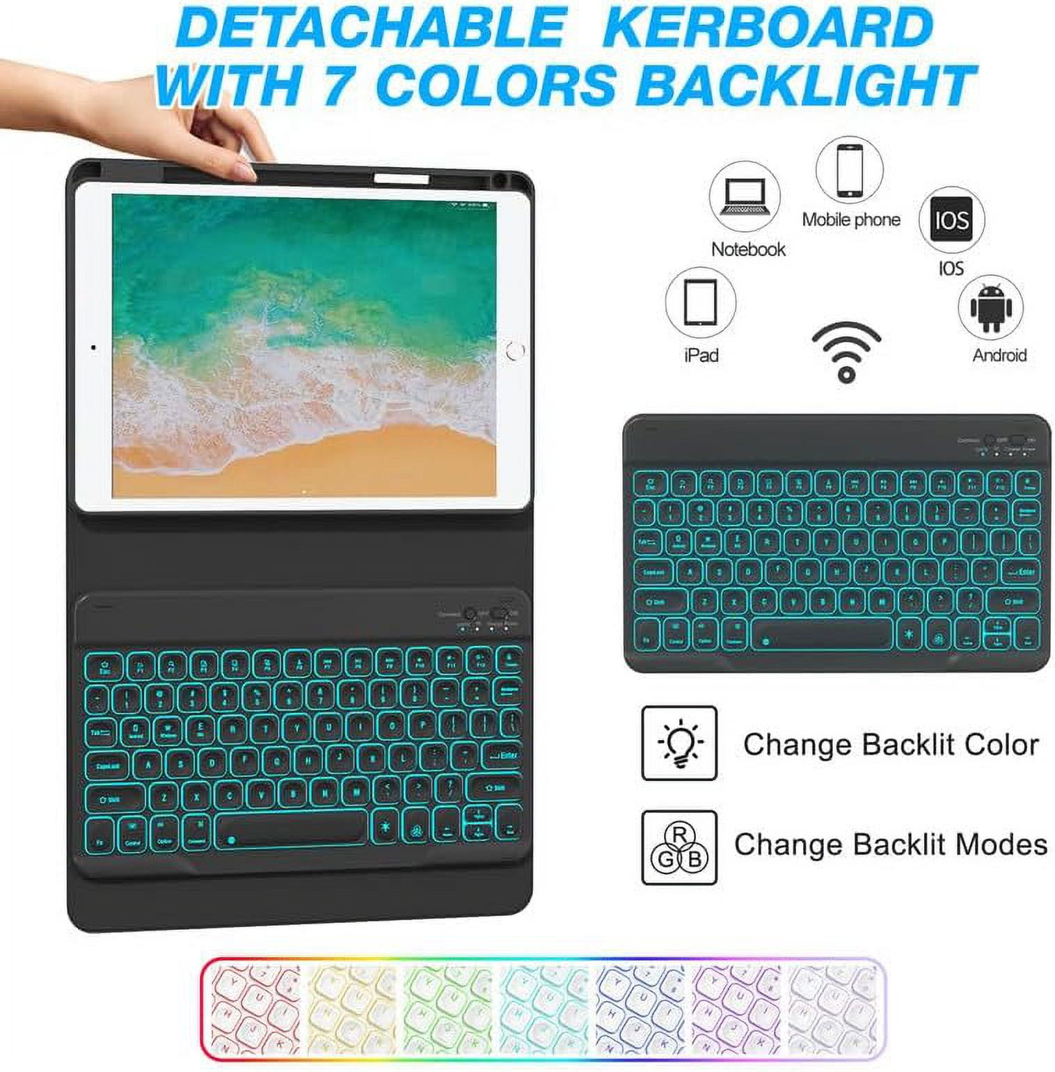 iPad 9.7 inch 5th 6th Generation Case with Keyboard, 360°Rotatable iPad Air 2 Keyboard Case with Pencil Holder(2018/2017/2014),7 Color Backlit Bluetooth Keyboard Smart Folio Tablet Cover(Black)
