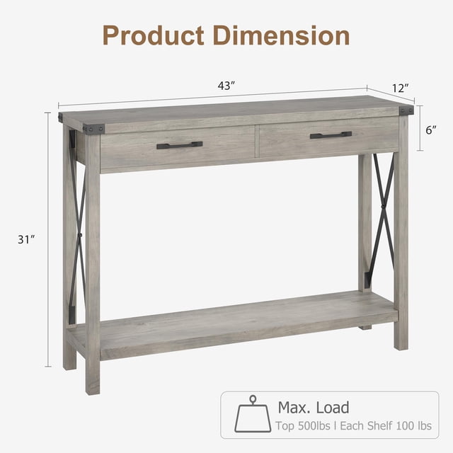 EDTara Console Table with 2 Drawers, Farmhouse Entryway Table with Storage Shelf, Accent Wood Sofa Table for Living Room, Hallway, Foyer-Grey