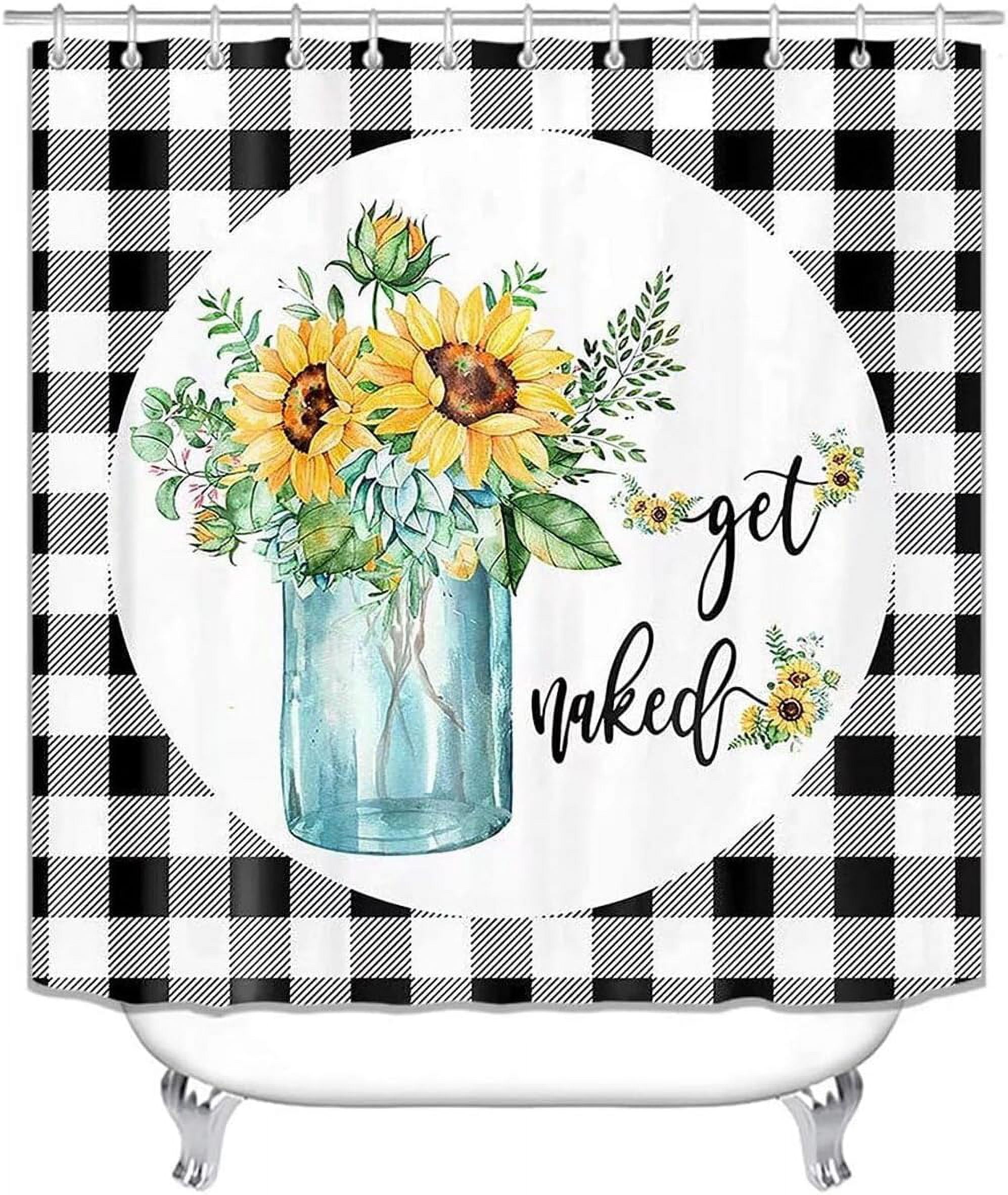 4Pcs Get Naked Sunflower Shower Curtain Sets Floral Green Bathroom Set Decor with Non-Slip Rugs Bath U-shaped Mat Toilet Lid Cover Country Flower Bathroom Curtains Shower Set with 12 Hooks