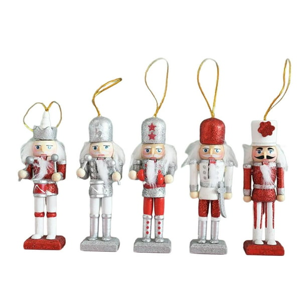 5 piezas de cascanueces navideños colgantes, escultura, cascanueces, juguete de marioneta Plata