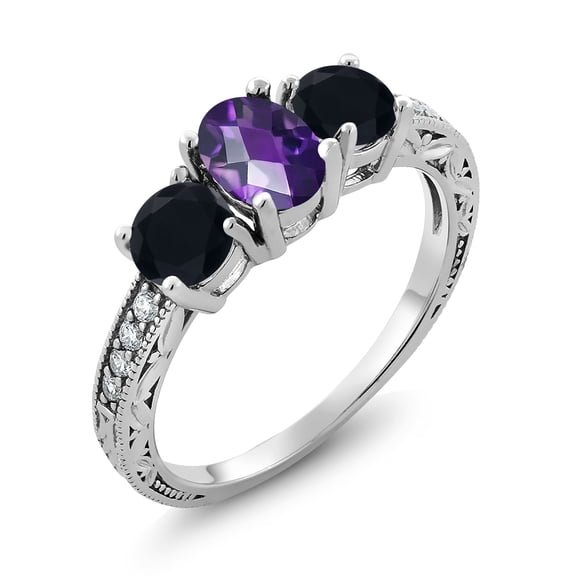 Gem Stone King 1.82 Ct Oval Checkerboard Purple Amethyst Black Onyx 925 Sterling Silver Moissanite Ring (Size 8)