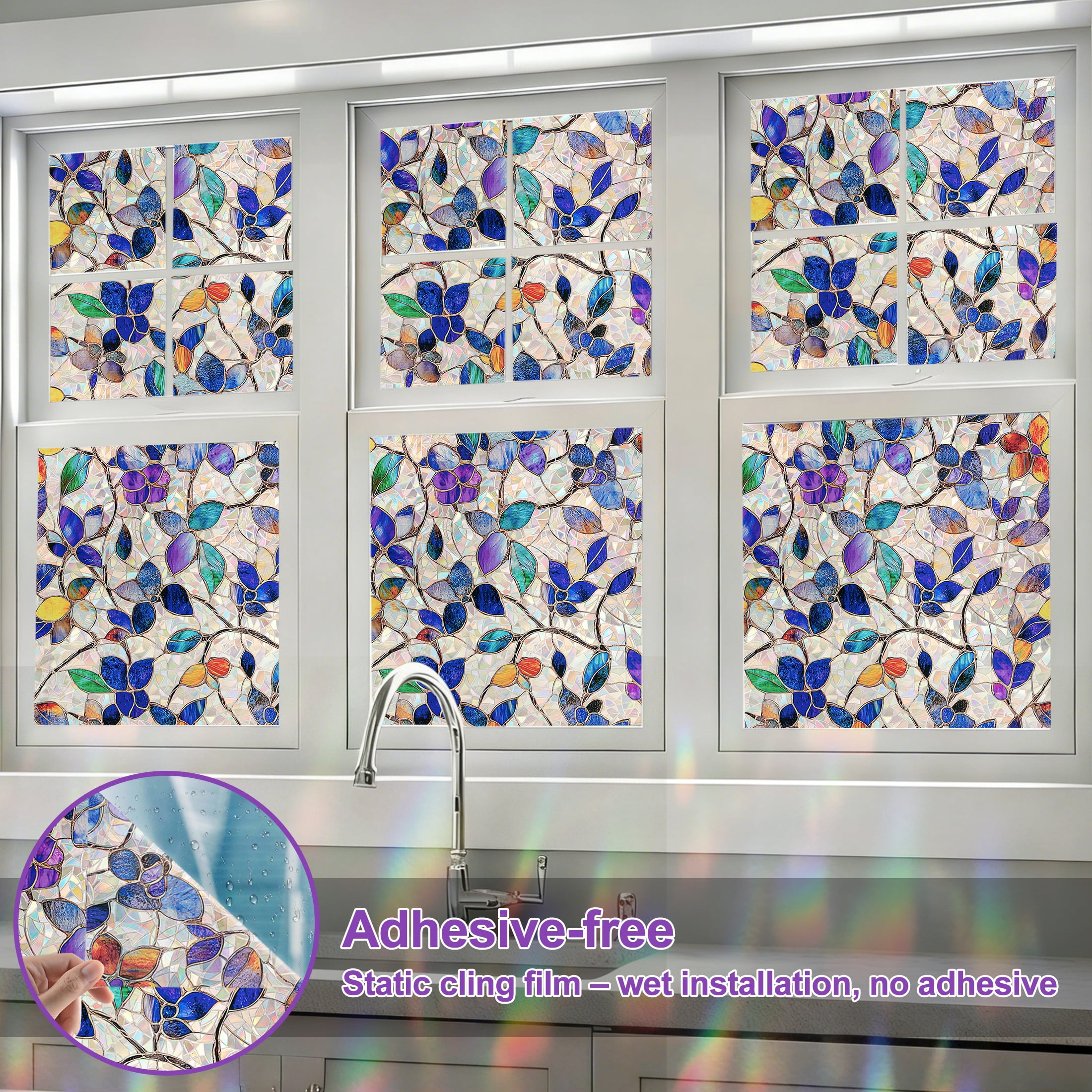Countewol Window Privacy Film with Installation Tools Home Decorative Colored Glass Window Stickers Reusable electrostatic Rainbow Stickers
