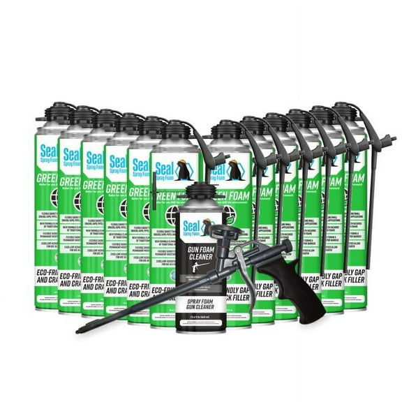 Seal Spray Green Foam SEALG12GC: Eco-Friendly, Flexible Curing, Gasket Foam for Gaps and Cracks - Pack of 12 Cans, Gun, and Cleaner