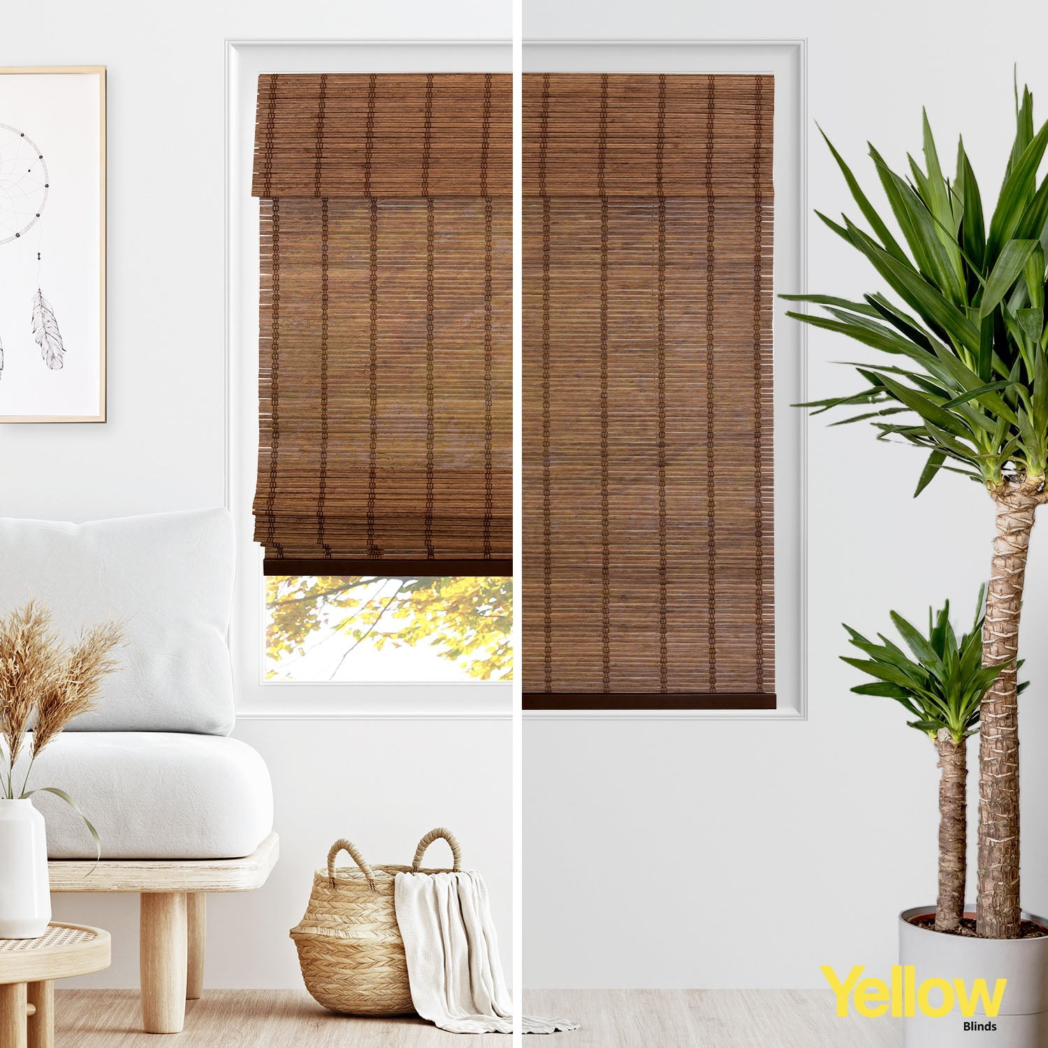 Yellow Blinds 23"W x 64"H Natural Woven Cordless Light Filtering Bamboo Roman Shades for Window, Coffee