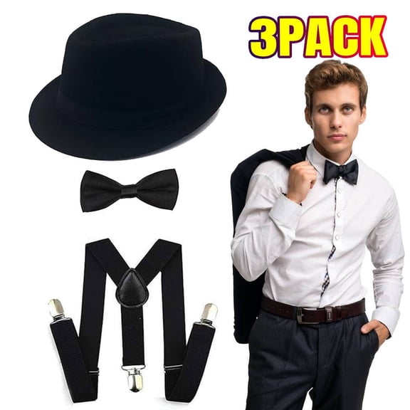 Mens Accessories Fedora Gangster Hat Costume Accessory Pre Tied Bow Tie & Y-Back Suspenders, Men's Roaring 20s Set Manhattan Hat