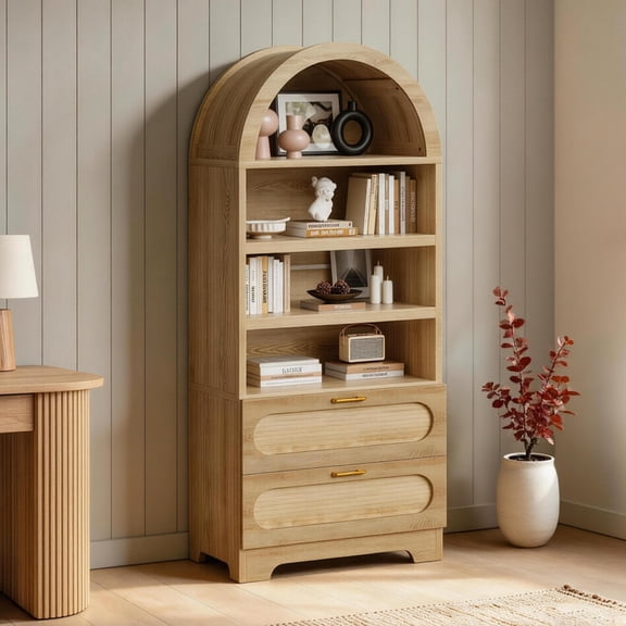 Bestier 71" Bookcase with Drawers, Arched Bookshelf with Adjustable Shelves, 4-Tier Tall Storage Cabinet, Modern Display Shelf with Storage for Living Room Kitchen Pantry, Natural Oak