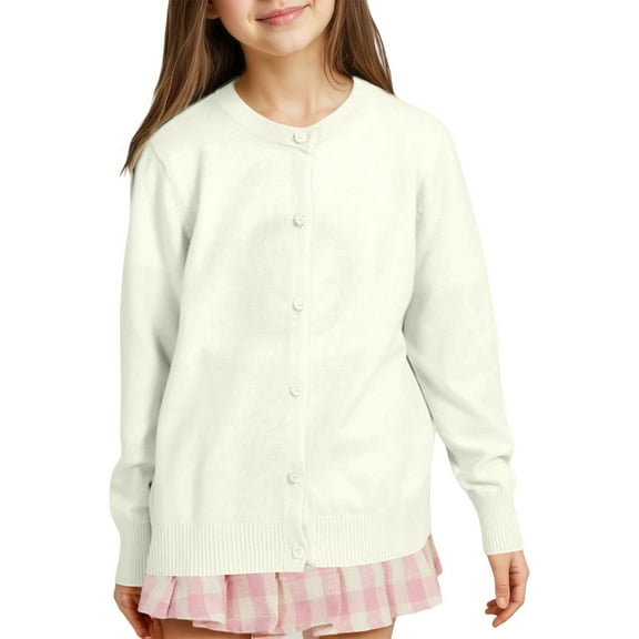 oqasdz Girls Knit Cardigan Sweater Coat Lightweight Outerwear Round Neck Open Front Jacket for Kids Long Sleeve Casual Cozy Snug Fit Daily Wear
