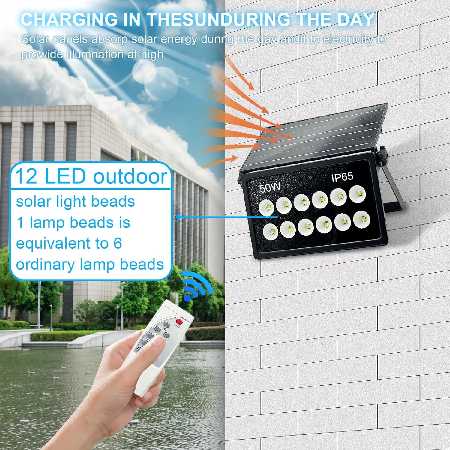 INDMIRD 50W Solar Security Lights, Solar Flood Lights, Solar Lights Outdoor Waterproof, Dusk to Dawn Solar Powered Security Lights, 6500K Cool White, for Porch, Patio, Yard, Garage, Garden