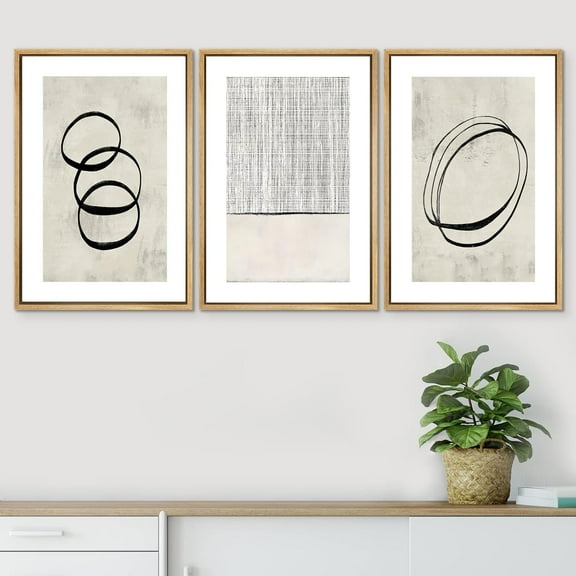 PixonSign Framed Wall Art Set Geometric Ring Grid Landscape Graffiti & Street Canvas Print Abstract Cozy Neutral Modern Art Nordic for Living Room, Bedroom, Office - 24"x36"x3 Natural
