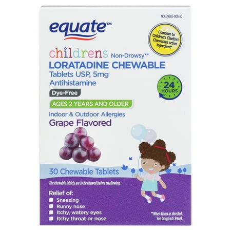 Equate Children's Dye-Free Non-Drowsy Loratadine Grape Flavor Chewable Tablets, 5 mg, 30 Count
