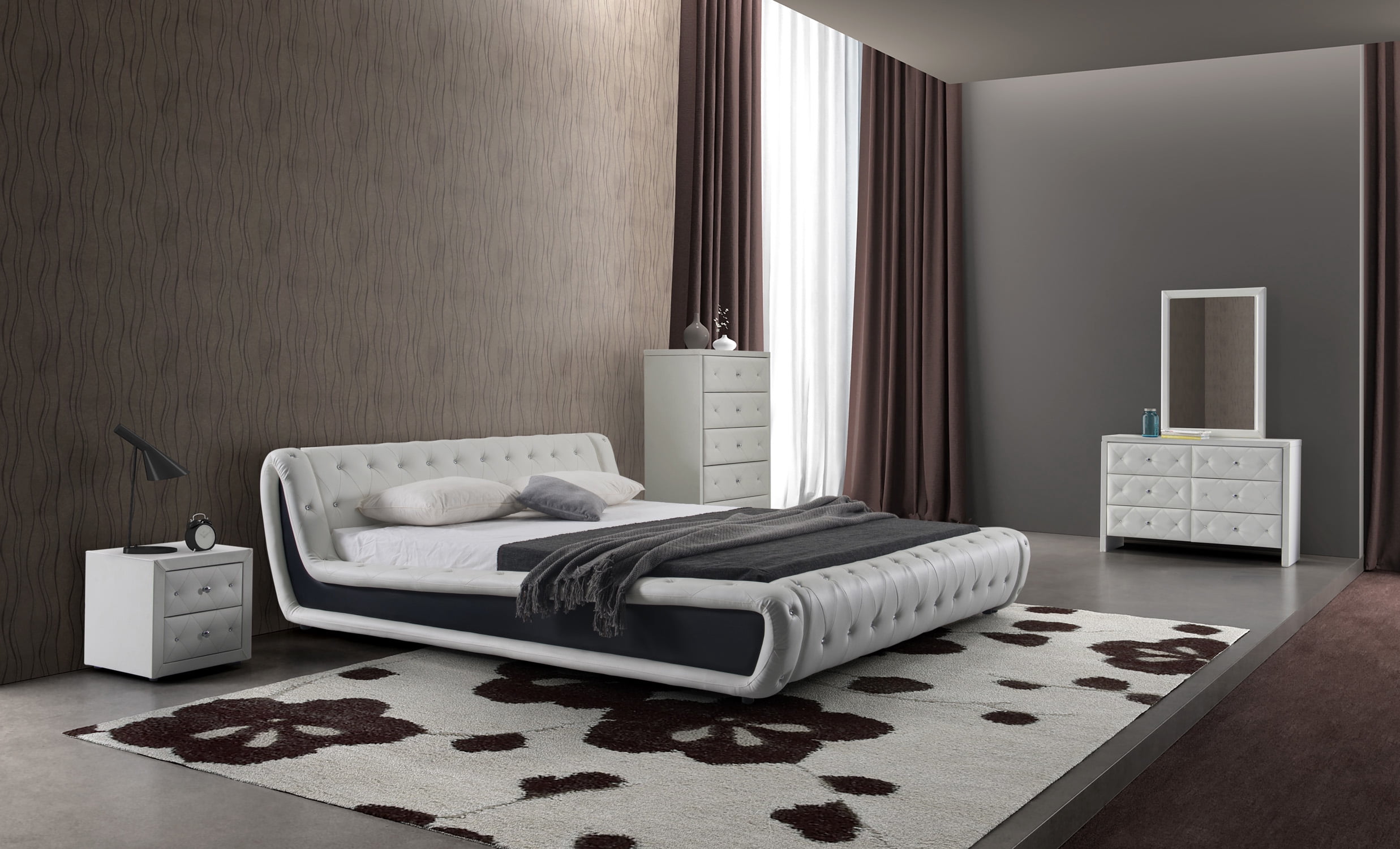 US Pride Furniture Dorian Contemporary Button Tufted Faux Leather Platform Bed, White/Black, Queen