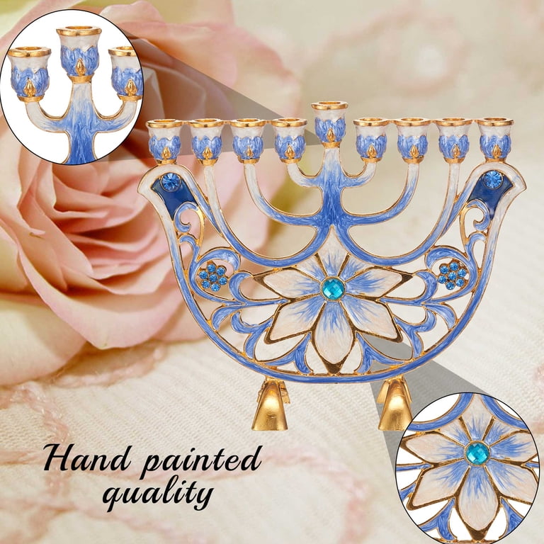Hand-Painted Blue Ivory Menorah with Gold Accents photo 4