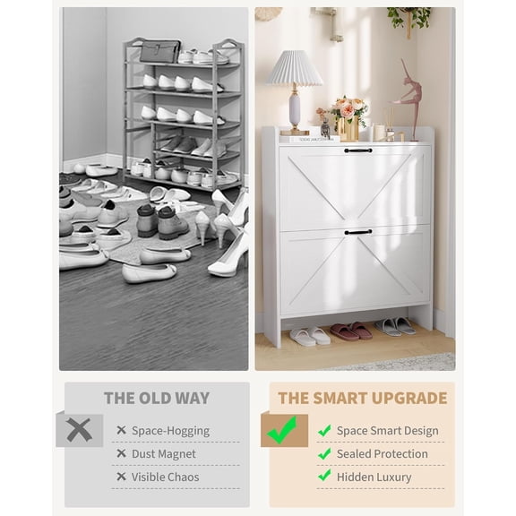 Narrow White Shoe Cabinet – Turnover Drawer Hidden Shoe Storage Organizer – Slim Freestanding Entryway Shoe Rack with Modern Design – Ideal for Hallway or Bedroom – Color: White