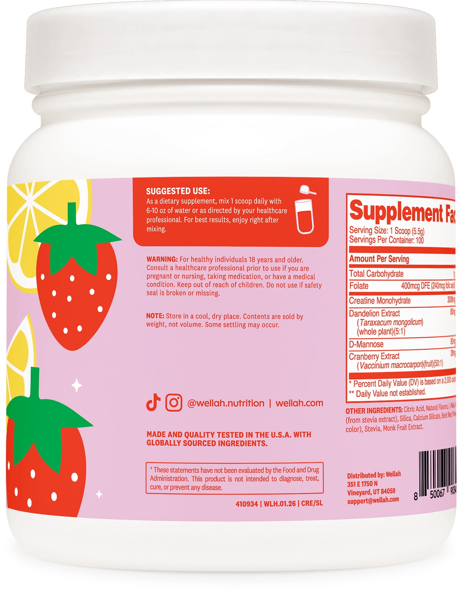 Wellah Creatine for Women (100 Servings, Strawberry Lemonade) - Creatine Monohydrate with Dandelion & Cranberry Extract