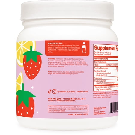 Wellah Creatine for Women (100 Servings, Strawberry Lemonade) - Creatine Monohydrate with Dandelion & Cranberry Extract
