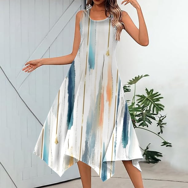 WILLBEST Vestidos de Lino para Mujer, Vestido Informal de Verano con Estampado Floral, sin Mangas, con Dobladillo de Pañuelo, Maxivestido sin Mangas con Bolsillos, Vestido de Playa Extra Grande