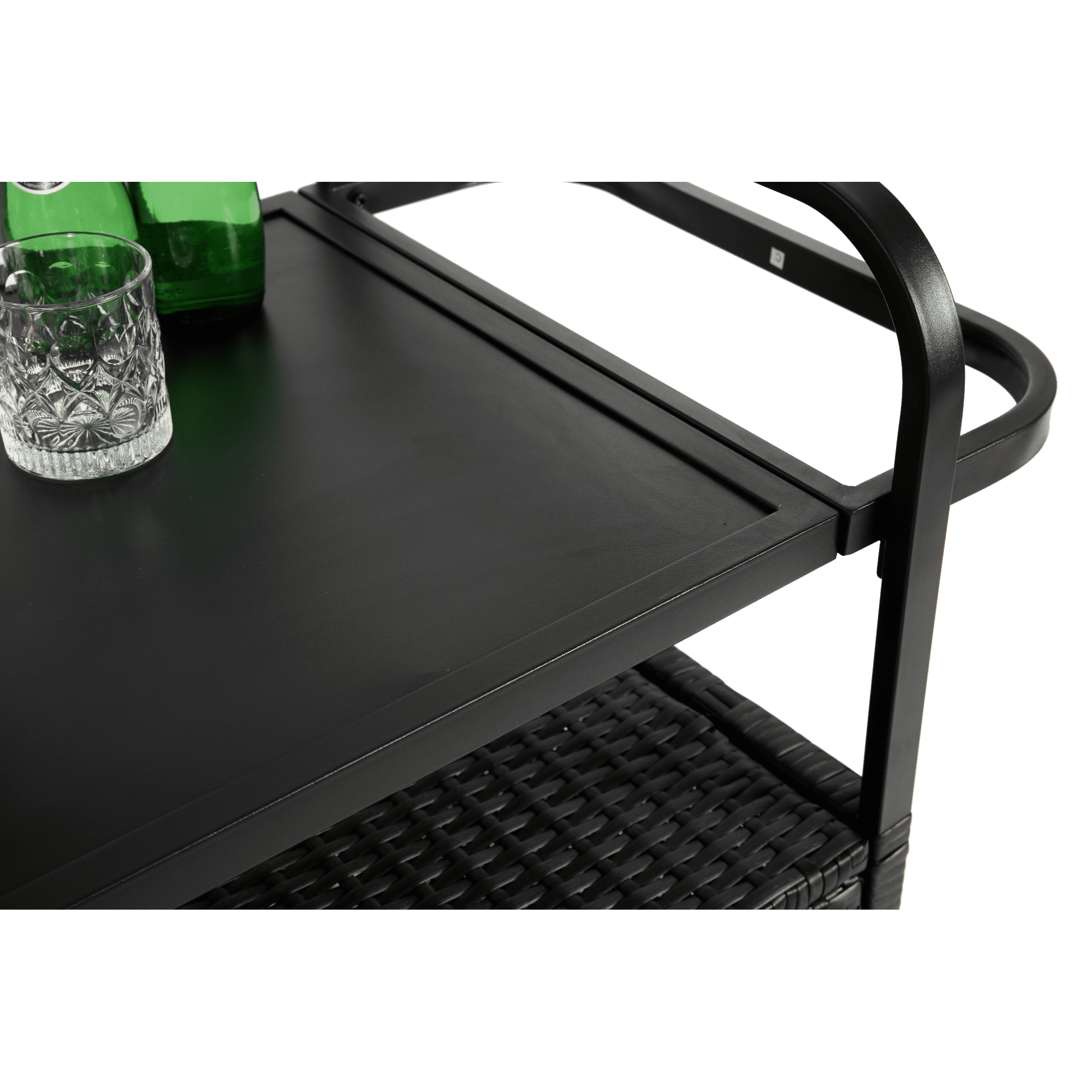 Outdoor Bar Cart,Wicker Bar Table Cart with Cabinet,Patio Serving Cart with Steel Top, Ice Bucket,Lockable Wheels, Side Basket for Garden, Poolside & Backyard,Black