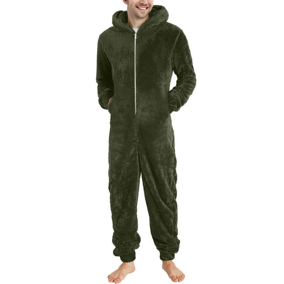 KeShDi Fall Shirts Men Long Sleeve Hooded Jumpsuit Pajamas Casual Winter Warm Rompe Sleepwear Army Green 2X