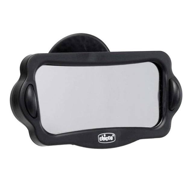 espejo chicco auxiliar retrovisor negro, vista frontal centrada de espejo rectangular con marco plástico negro y logo Chicco en la base; ventosa trasera y perillas laterales para ajuste ergonómico, superficie reflectante lisa, indicado para supervisar al bebé en el asiento trasero; también suele usarse para vigilar juguetes o accesorios durante el juego.