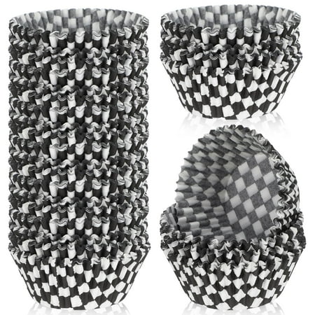 100 Pcs Checkered Cupcake Liners, 2.95in Black and White Checkered Baking Cups Mini Cupcake Liners Cup Cakes Wrappers for Birthday Party Race Car Theme Decorations