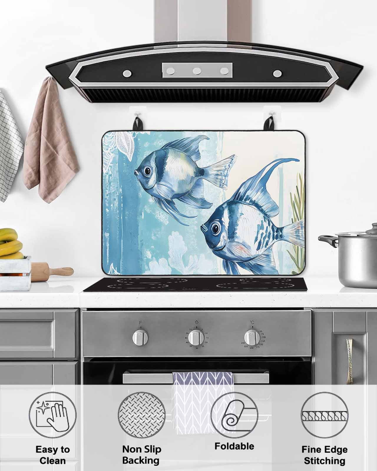 nqOlkjepod Large Induction Cooktop Protector Mat 24"x21", Summer Ocean Blue Stove Top Covers for Electric Stove, Watercolor Fish Flower Decorative Stove Burner Cover Mats, Glass Top Stove Cover