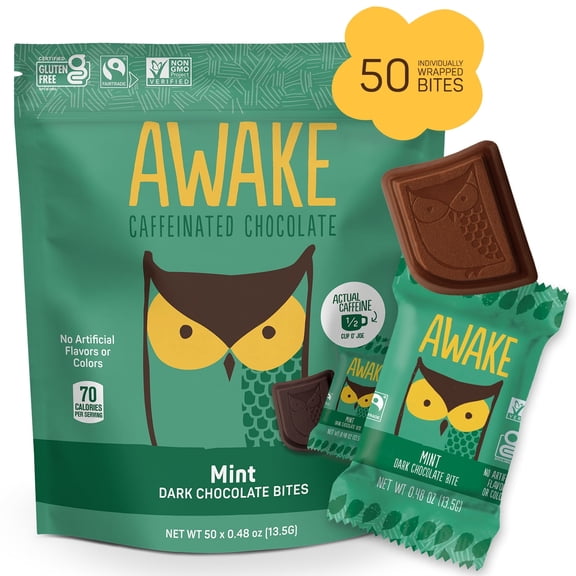 AWAKE Caffeinated Chocolate: Dark Mint Chocolate - 50 Bites (50mg of Caffeine/Serving, Keto, Gluten-Free, Non-GMO)