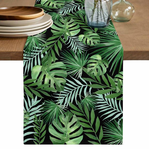 Green Tropical Botanical Table Runner 90 Inches, Summer Monstera Palm Leaves Black Bed Runner Dresser Scarves Tabletop for Indoor Outdoor Parties/Ceremony/Banquet, 13" x 90"
