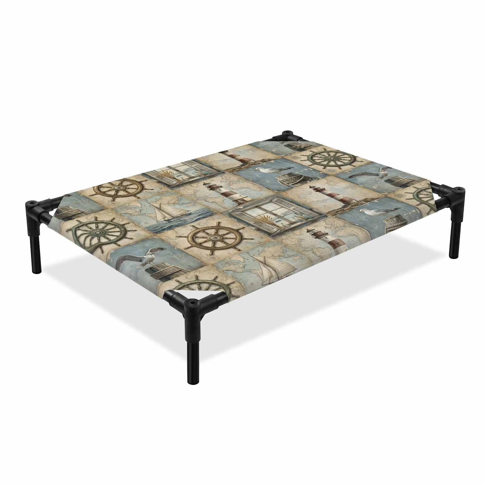 Summer Vintage Ocean Elevated Dog Bed Retro Nautical Compass Seagull Lighthouse Sailboat Cooling Breathable Outdoor Raised Dog Cot Bed with Metal Frame Non-Slip Feet for Medium Dog 24x20in