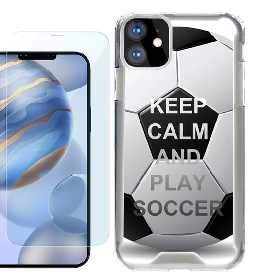 For Apple iPhone 12 Case, iPhone 12 Pro Case, Hybrid Bumper Phone case, with Tempered Glass Screen Protector, by OneToughShield ® - Keep Calm Soccer