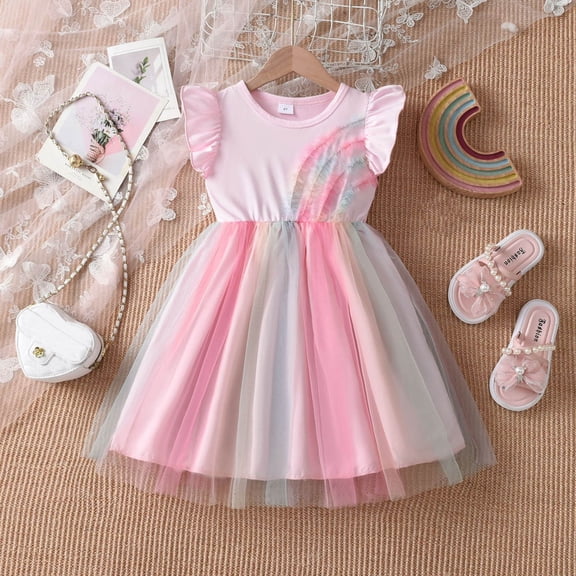 Easter Dresses Summer Western Style Dance Dresses for Girls Teens Elastic Waist for Holiday Party (Pink,4-5 Years)