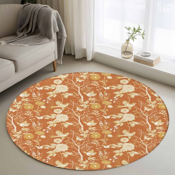 Vintage Flower Round Rug 3ft Washable Circle Entryway Rugs Non Slip Orange Bird Leaf Branch Botanical Tree Area Rug Indoor Floor Carpet for Bedroom Kitchen Living Room Home Office Dining Room Nursery